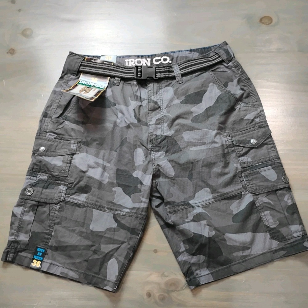 NWT IRON CO. Belted Stretch Shorts Men's Size 36 Gray Camo Lightweight Cargo